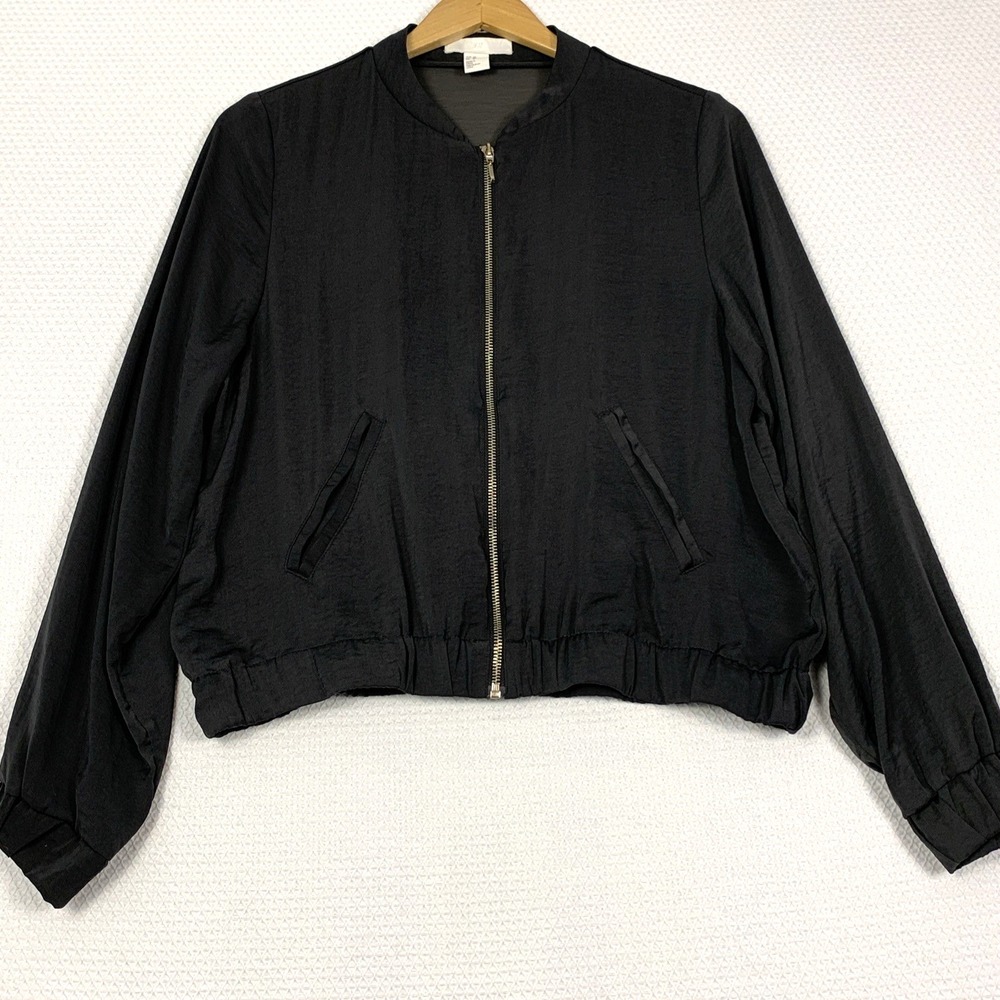 H&M Olive Green Satin Bomber Jacket Womens Medium 10 Gold Zip Flight